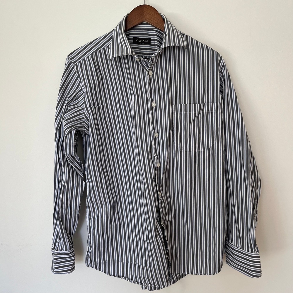 Canali Men Striped Dress Shirt Grey Blue White Spread Collar Made in Italy 41 16